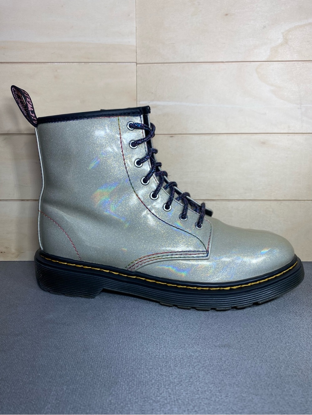 Dr Martens Sparkle Rays Boots Youth Size 4 Shoes Metallic Rainbow Stitch Docs